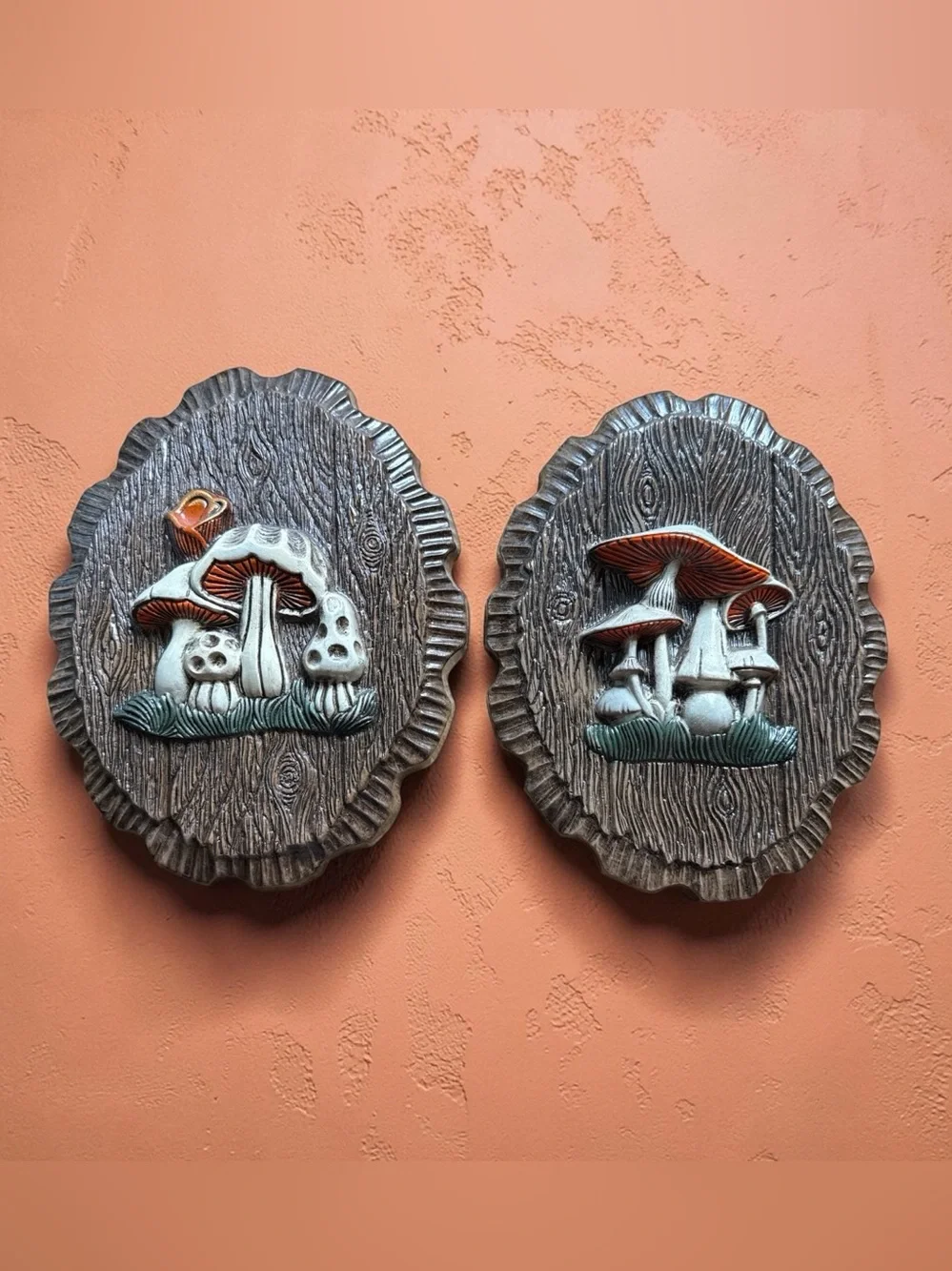 Vintage 2 1970s Mushroom Wall Decor Retro Kitsch Home Art Syroco Styrofoam MCM
